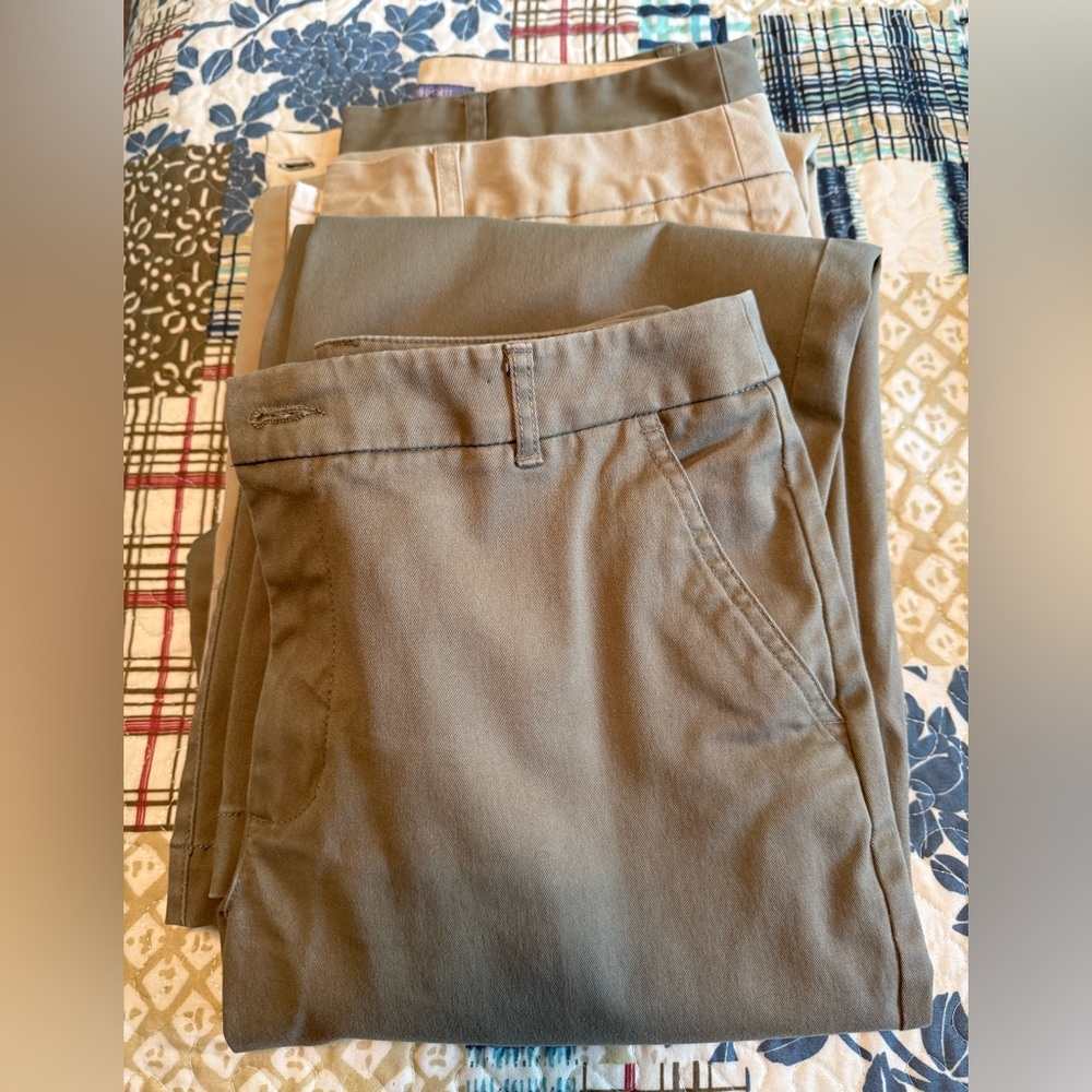 3 Cherokee Women's Classic Tan and Olive Straight Leg Pants (3 pairs khakis)
